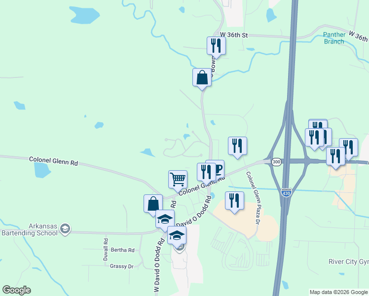map of restaurants, bars, coffee shops, grocery stores, and more near 12120 Colonel Glenn Road in Little Rock
