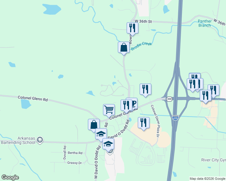 map of restaurants, bars, coffee shops, grocery stores, and more near 4300 Bowman Rd in Little Rock