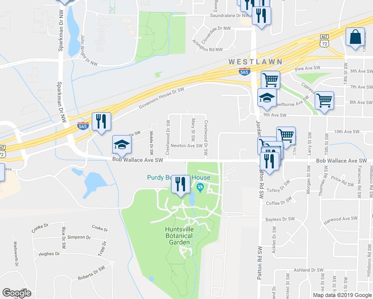map of restaurants, bars, coffee shops, grocery stores, and more near 4609 Newton Avenue Southwest in Huntsville