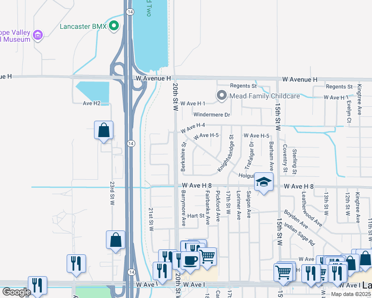 map of restaurants, bars, coffee shops, grocery stores, and more near 45724 Berkshire Street in Lancaster