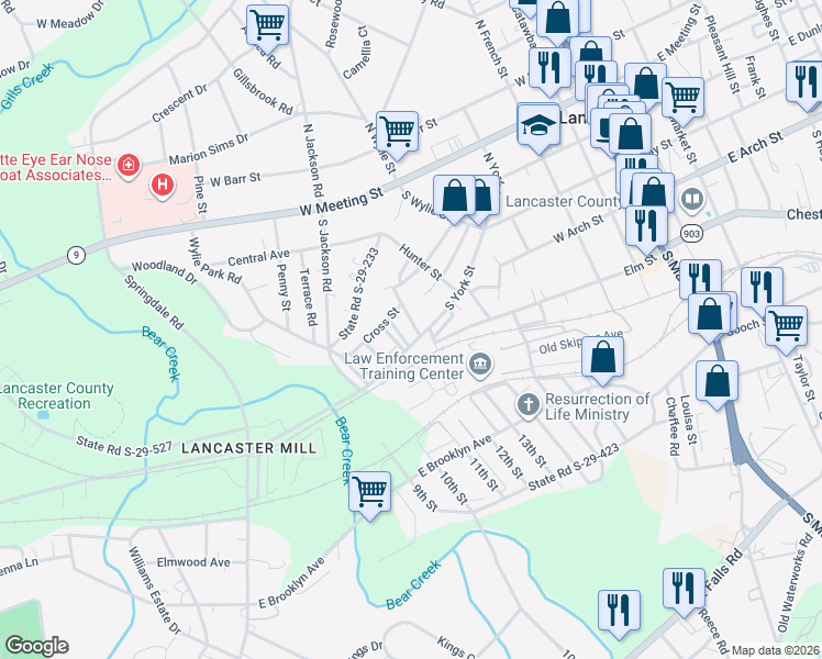 map of restaurants, bars, coffee shops, grocery stores, and more near 1050 Midway Street in Lancaster