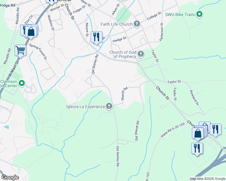 map of restaurants, bars, coffee shops, grocery stores, and more near 346 Old Shirley Road in Central