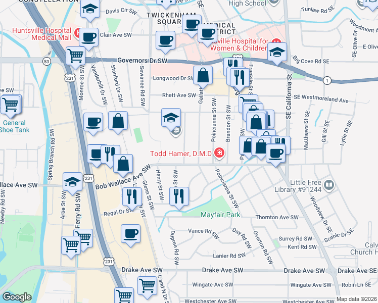map of restaurants, bars, coffee shops, grocery stores, and more near 2332 Gallatin Street Southwest in Huntsville