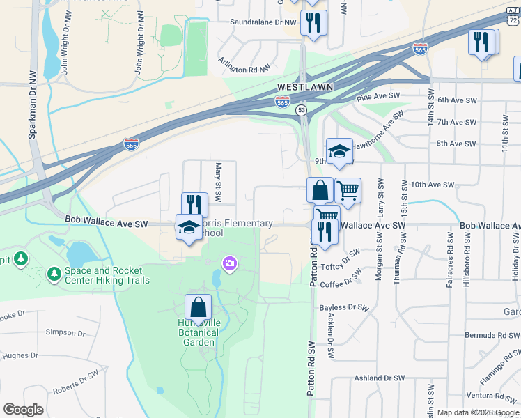 map of restaurants, bars, coffee shops, grocery stores, and more near 4525 Judith Lane Southwest in Huntsville