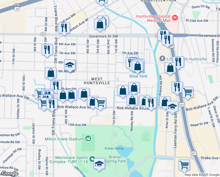 map of restaurants, bars, coffee shops, grocery stores, and more near 2400 1st Street Southwest in Huntsville