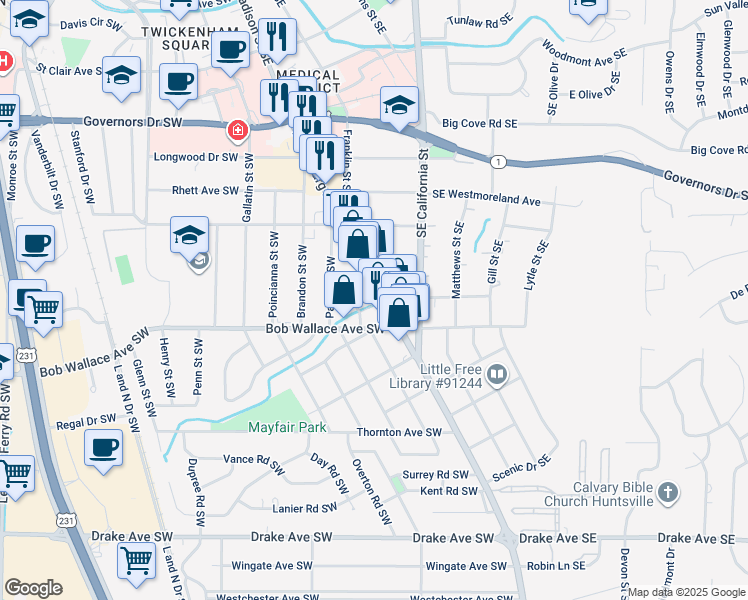 map of restaurants, bars, coffee shops, grocery stores, and more near 2346 Whitesburg Drive in Huntsville
