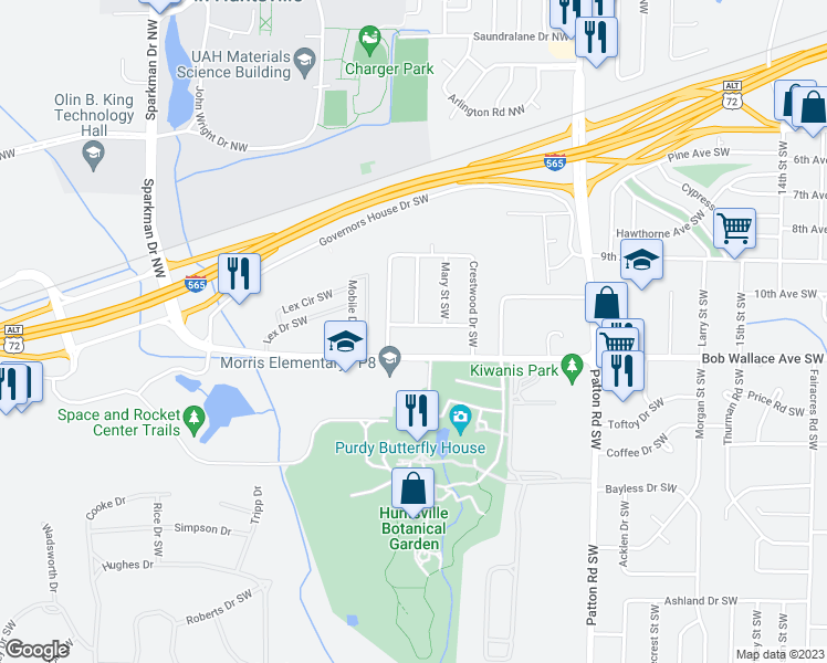 map of restaurants, bars, coffee shops, grocery stores, and more near 4613 Newton Avenue Southwest in Huntsville