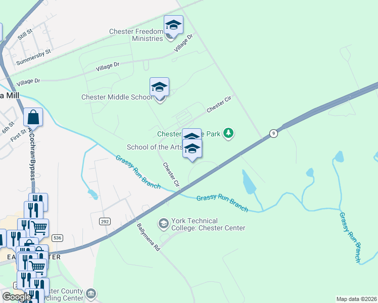 map of restaurants, bars, coffee shops, grocery stores, and more near 835 Lancaster Highway in Chester