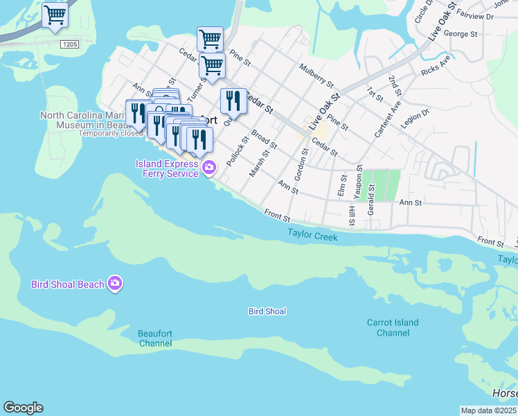map of restaurants, bars, coffee shops, grocery stores, and more near 900 Front Street in Beaufort