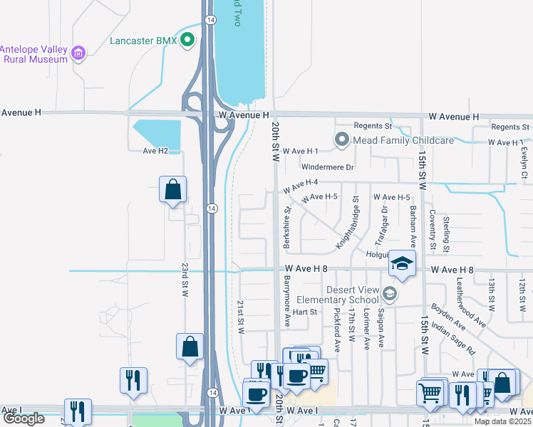 map of restaurants, bars, coffee shops, grocery stores, and more near 2014 Avenue H-6 in Lancaster