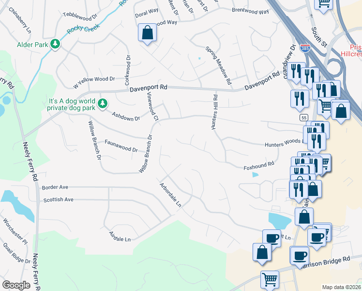 map of restaurants, bars, coffee shops, grocery stores, and more near 504 Foxhound Road in Simpsonville