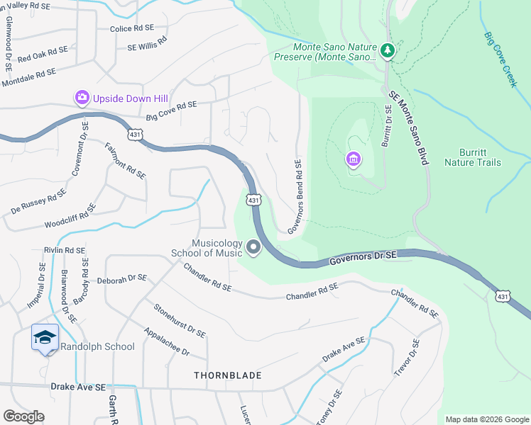 map of restaurants, bars, coffee shops, grocery stores, and more near 2210 Governors Bend Road Southeast in Huntsville