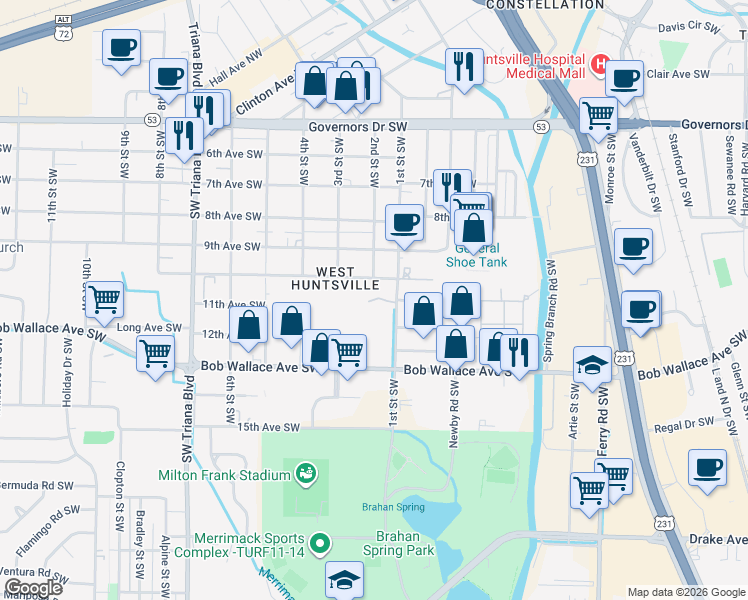 map of restaurants, bars, coffee shops, grocery stores, and more near 2400 Southwest 1st Street in Huntsville