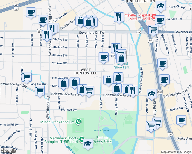 map of restaurants, bars, coffee shops, grocery stores, and more near 2615 10th Avenue Southwest in Huntsville