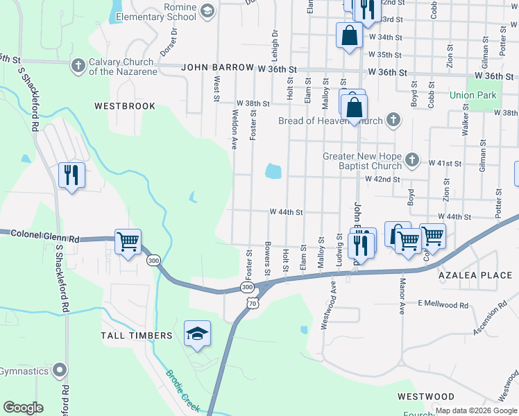 map of restaurants, bars, coffee shops, grocery stores, and more near 9300 West 44th Street in Little Rock
