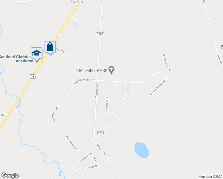 map of restaurants, bars, coffee shops, grocery stores, and more near 9620 Deerfield Circle in Laurinburg