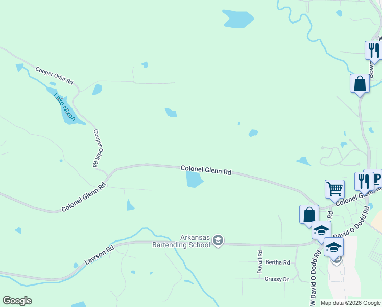 map of restaurants, bars, coffee shops, grocery stores, and more near 13320 Colonel Glenn Road in Little Rock