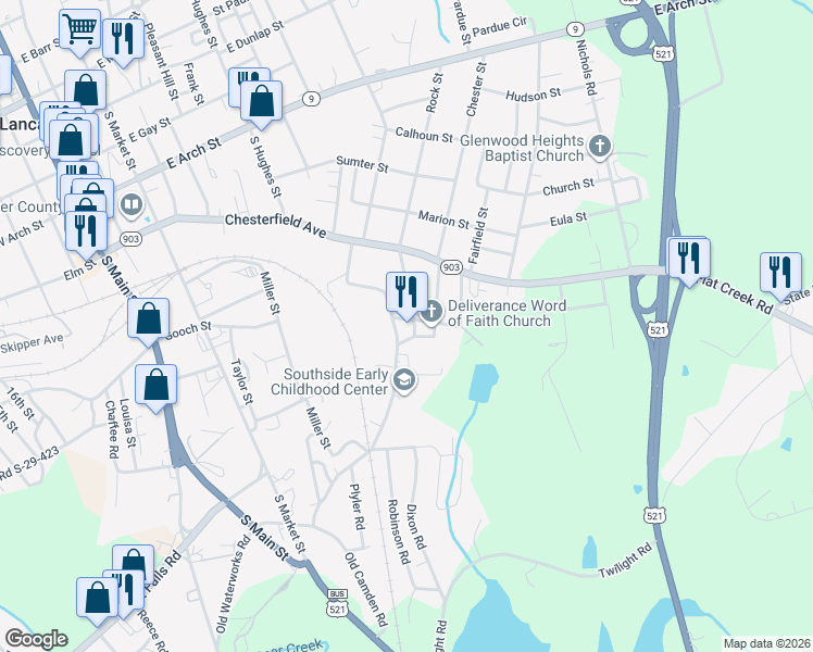 map of restaurants, bars, coffee shops, grocery stores, and more near 643 Cunningham Street in Lancaster