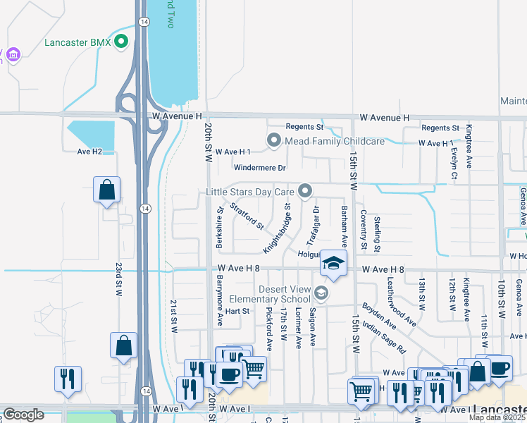 map of restaurants, bars, coffee shops, grocery stores, and more near 45737 Victoria Avenue in Lancaster