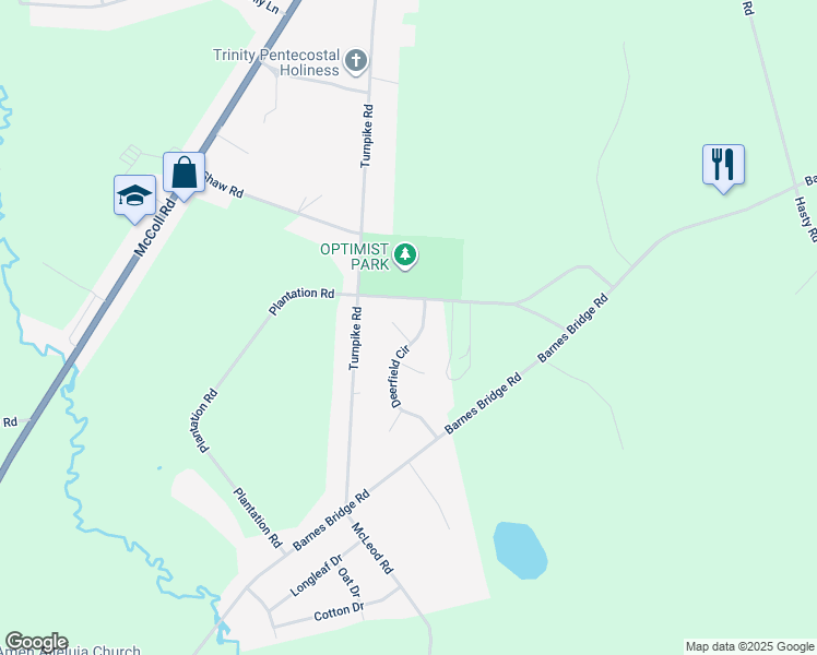 map of restaurants, bars, coffee shops, grocery stores, and more near 9620 Deerfield Circle in Laurinburg