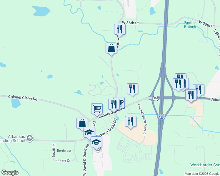 map of restaurants, bars, coffee shops, grocery stores, and more near 4300 Bowman Road in Little Rock