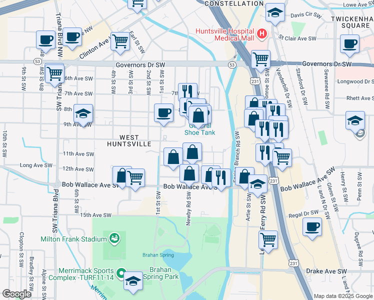 map of restaurants, bars, coffee shops, grocery stores, and more near 2211 Seminole Drive Southwest in Huntsville