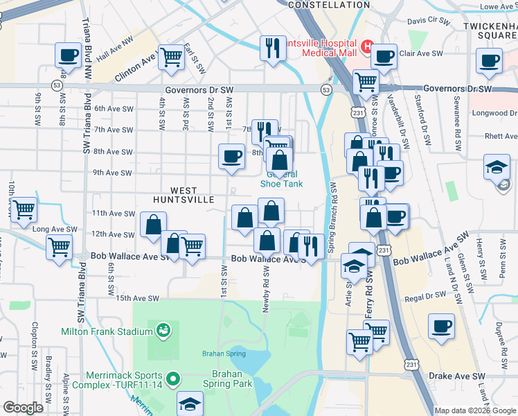 map of restaurants, bars, coffee shops, grocery stores, and more near 2211 Seminole Drive Southwest in Huntsville