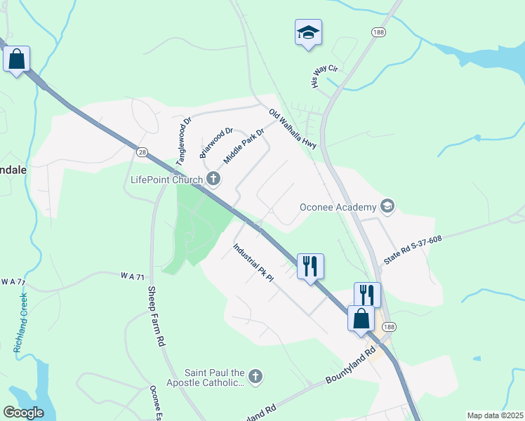 map of restaurants, bars, coffee shops, grocery stores, and more near 313 West Sunsetstrip Drive in Seneca