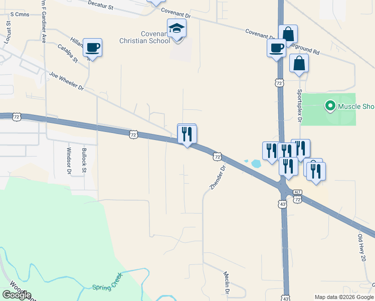 map of restaurants, bars, coffee shops, grocery stores, and more near 1606 U.S. 72 in Tuscumbia