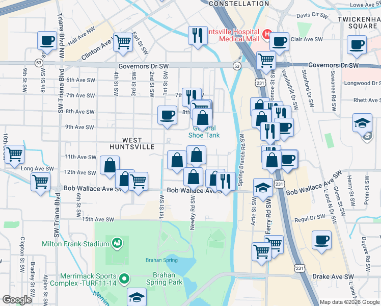 map of restaurants, bars, coffee shops, grocery stores, and more near 2211 Seminole Drive Southwest in Huntsville