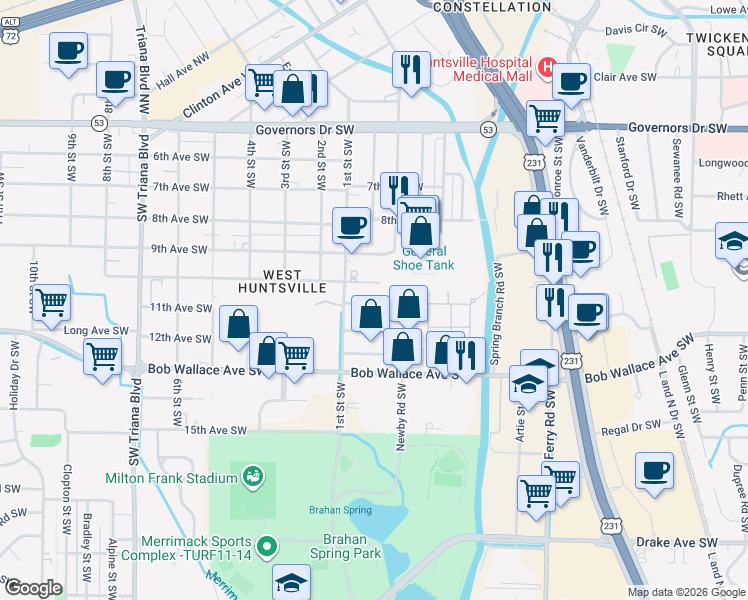 map of restaurants, bars, coffee shops, grocery stores, and more near 2411 9th Avenue Southwest in Huntsville