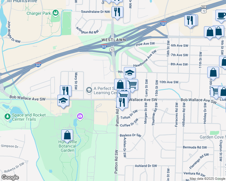 map of restaurants, bars, coffee shops, grocery stores, and more near 2212 Jordan Lane Southwest in Huntsville
