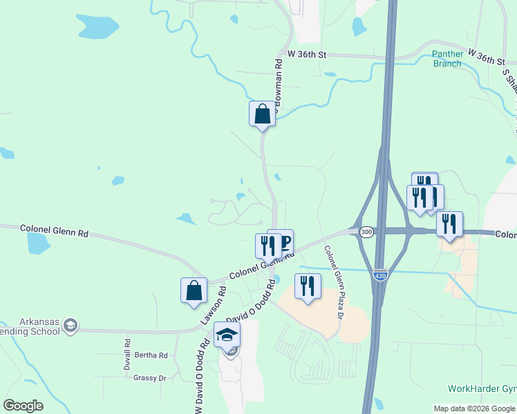 map of restaurants, bars, coffee shops, grocery stores, and more near 4300 Bowman Road in Little Rock