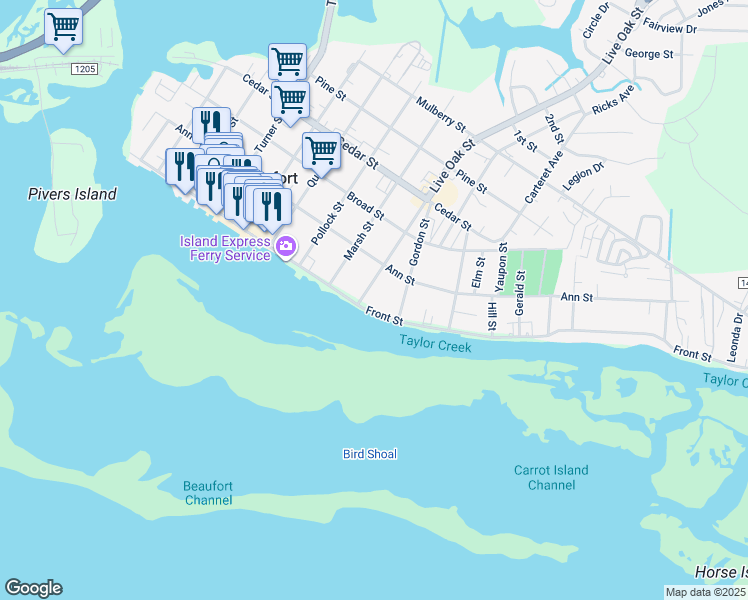 map of restaurants, bars, coffee shops, grocery stores, and more near 905 Front Street in Beaufort