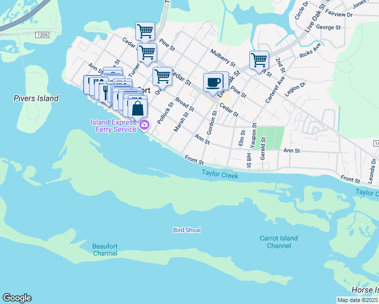 map of restaurants, bars, coffee shops, grocery stores, and more near 905 Front Street in Beaufort