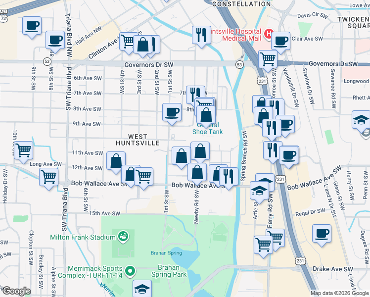 map of restaurants, bars, coffee shops, grocery stores, and more near 2411 9th Avenue Southwest in Huntsville