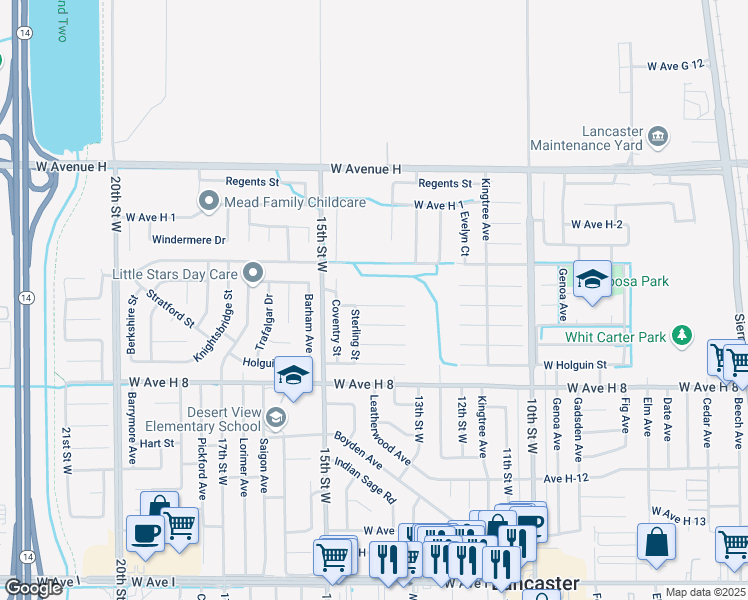 map of restaurants, bars, coffee shops, grocery stores, and more near 1251 West Avenue H-6 in Lancaster