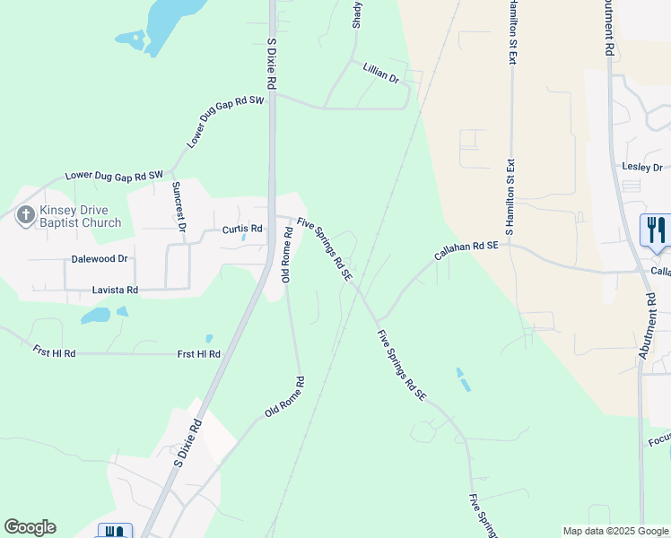map of restaurants, bars, coffee shops, grocery stores, and more near 2862 Five Springs Road in Dalton