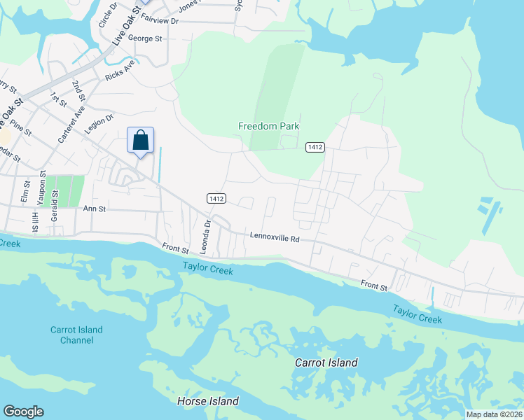map of restaurants, bars, coffee shops, grocery stores, and more near 121 Jefferson Street in Beaufort