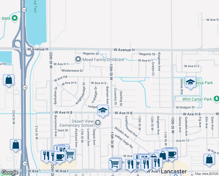 map of restaurants, bars, coffee shops, grocery stores, and more near 45728 Barham Avenue in Lancaster