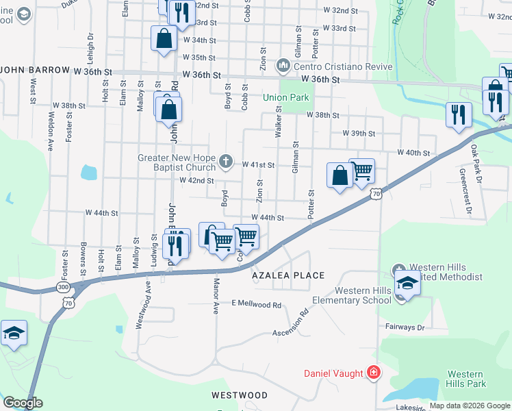 map of restaurants, bars, coffee shops, grocery stores, and more near 4304 Zion Street in Little Rock