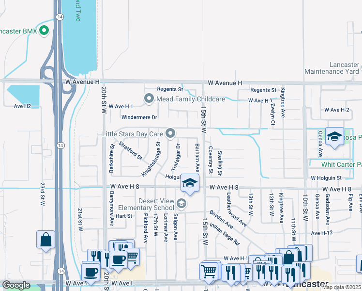 map of restaurants, bars, coffee shops, grocery stores, and more near 1558 West Avenue H-5 in Lancaster