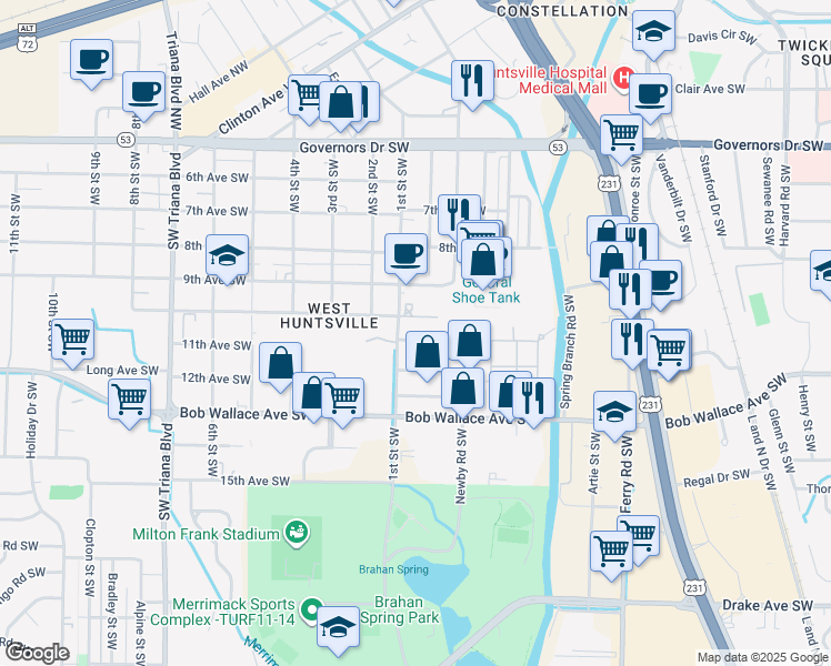 map of restaurants, bars, coffee shops, grocery stores, and more near 2411 9th Avenue Southwest in Huntsville