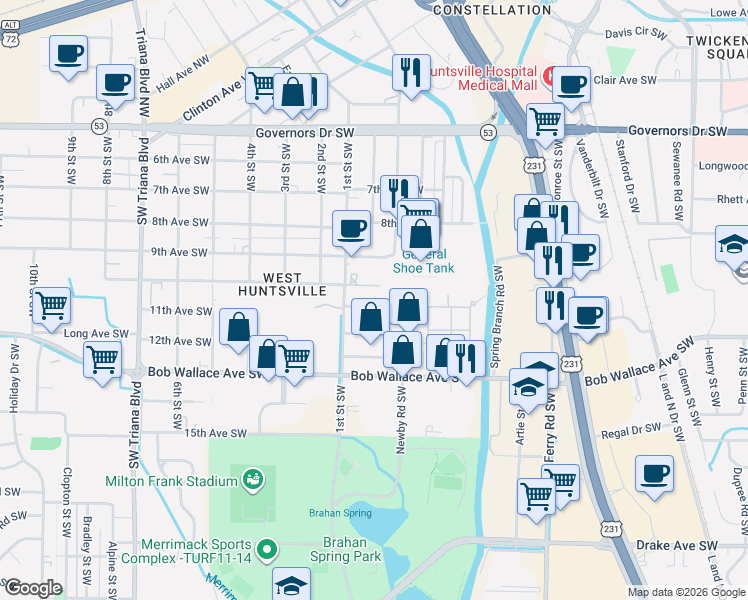 map of restaurants, bars, coffee shops, grocery stores, and more near 2411 9th Avenue Southwest in Huntsville