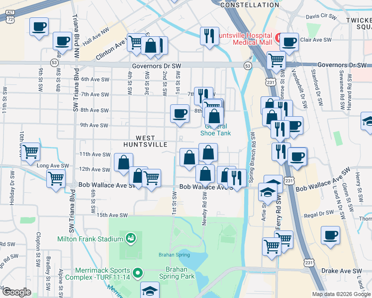 map of restaurants, bars, coffee shops, grocery stores, and more near 2411 9th Avenue Southwest in Huntsville