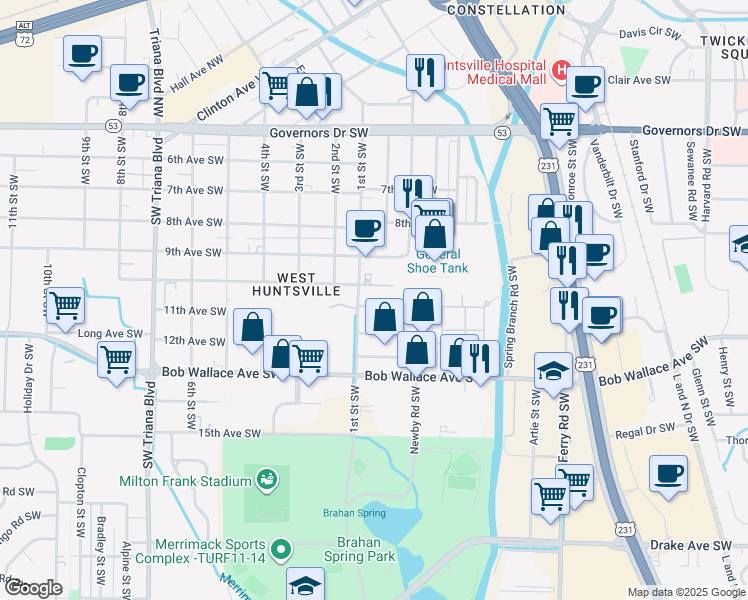 map of restaurants, bars, coffee shops, grocery stores, and more near 2411 9th Avenue Southwest in Huntsville