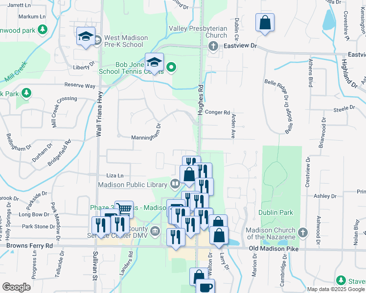 map of restaurants, bars, coffee shops, grocery stores, and more near 556 Hughes Road in Madison