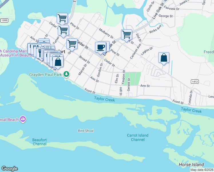 map of restaurants, bars, coffee shops, grocery stores, and more near 1007 Ann St in Beaufort