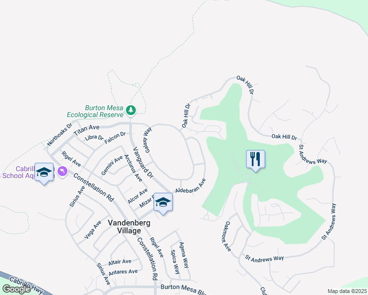 map of restaurants, bars, coffee shops, grocery stores, and more near 39 Galaxy Way in Lompoc