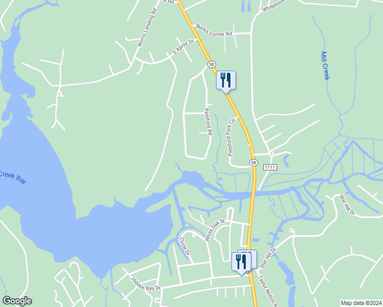 map of restaurants, bars, coffee shops, grocery stores, and more near 223 Pettiford Road in Swansboro